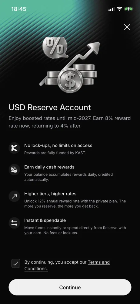 KAST app USD Reserve Account screen: 8% until mid-2027, then 4%, 12% on the Private plan