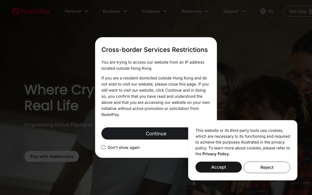 RedotPay official website screen for app and region checks