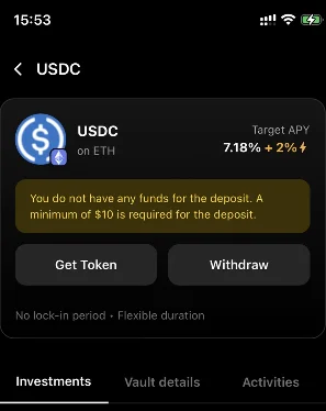 Tria App 的 Earn 页面：USDC(on ETH)Target APY 7.18%、+2% 加成、最低存入 10 美元